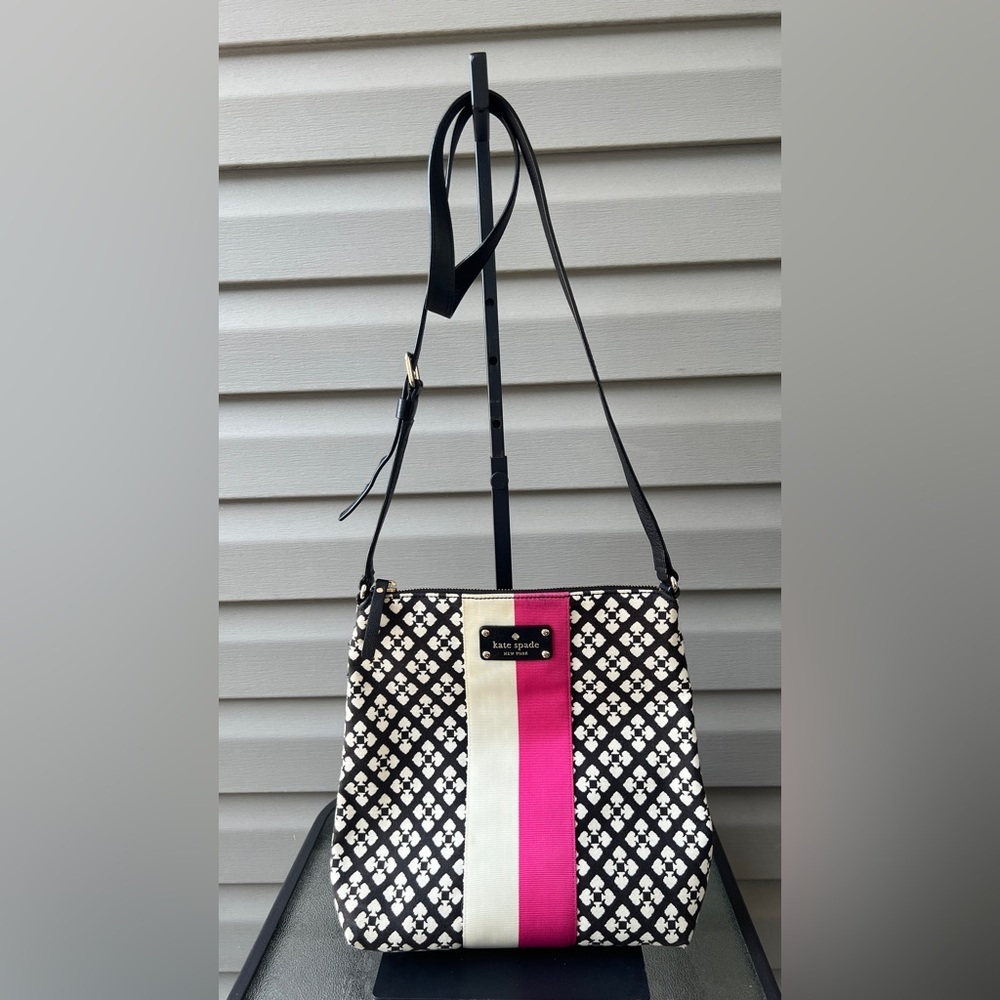 KATE SPADE MONOGRAM FABRIC LEATHER TRIM CROSSBODY BAG